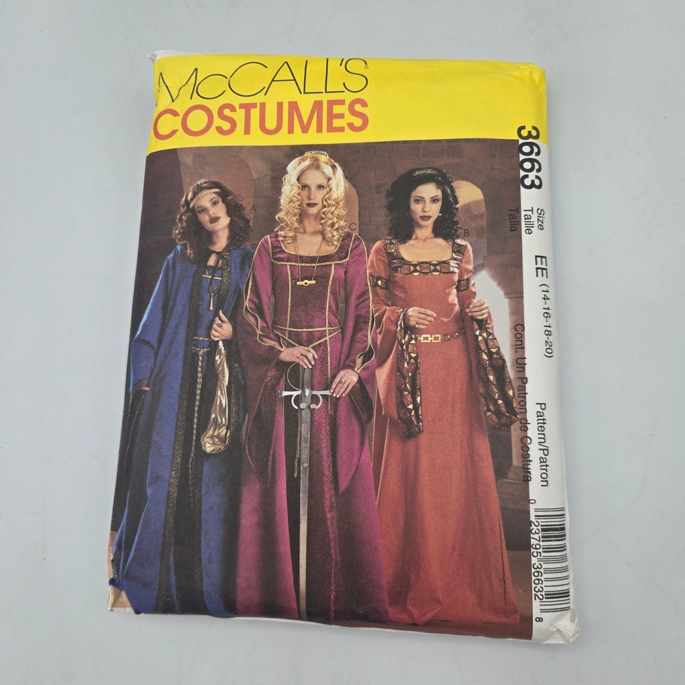 McCall's Sewing Pattern 3663 Medieval Costume Womens Size 14-20 EE Gown Uncut